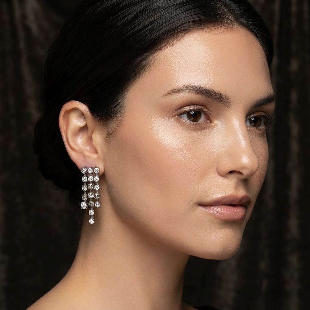 Vintage 3-Strand Tiered Dangly Rhinestone Silver Clip-On Earrings Retro Glamour